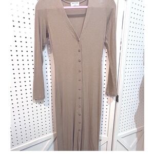 LNA Clothing Ribbed V Neck Button Front Long Sleeve Midi‎ Dress Extra Small